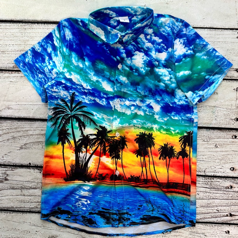 Boys Tropical‎ Button Down Shirt Palm Tree Sunset Print Medium